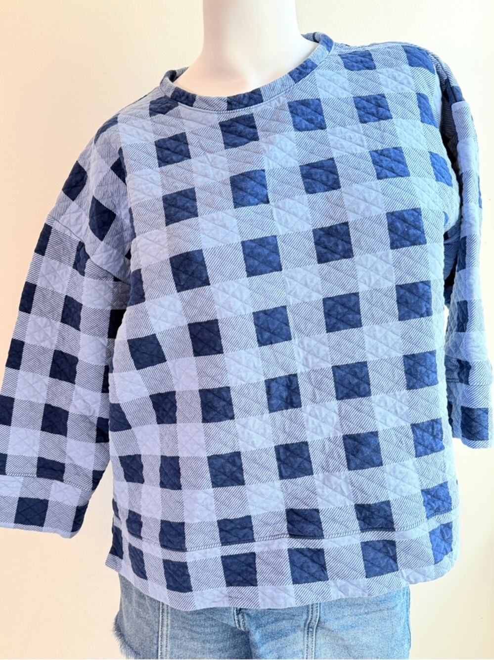 Lands End 3/4 sleeve Quilted Crew Neck Sweater boxy checkerboard large coastal